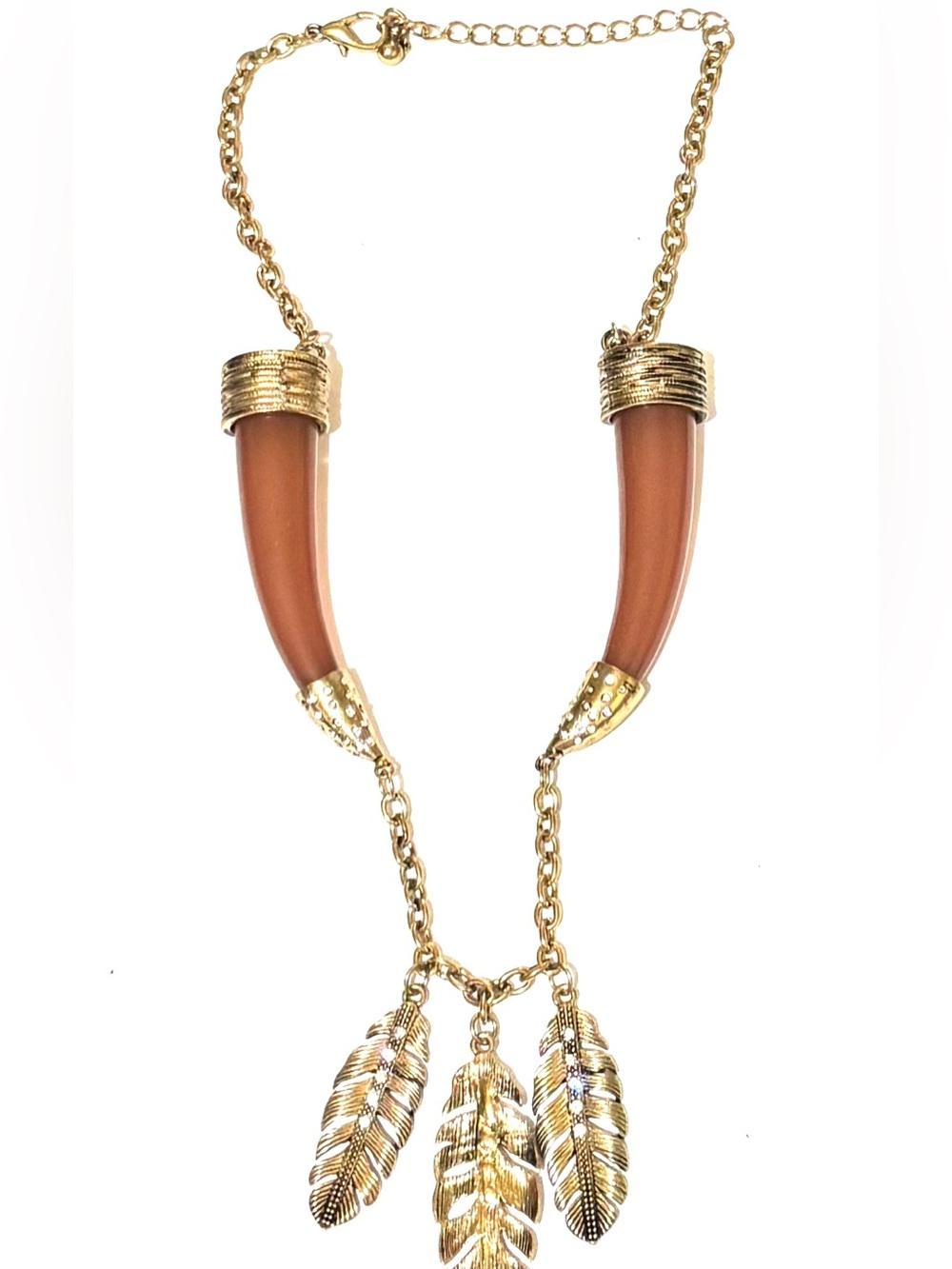 Vintage Gold and Brown Horn Necklace with Feather Charms